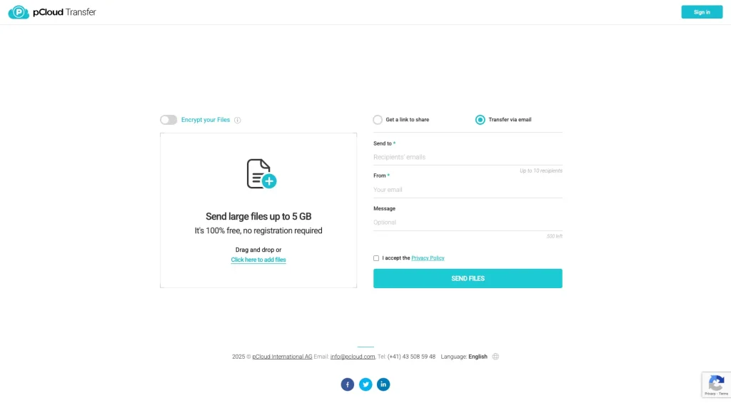 pCloud Interface. Send large files up to 5 GB for free with pCloud or SendMega.